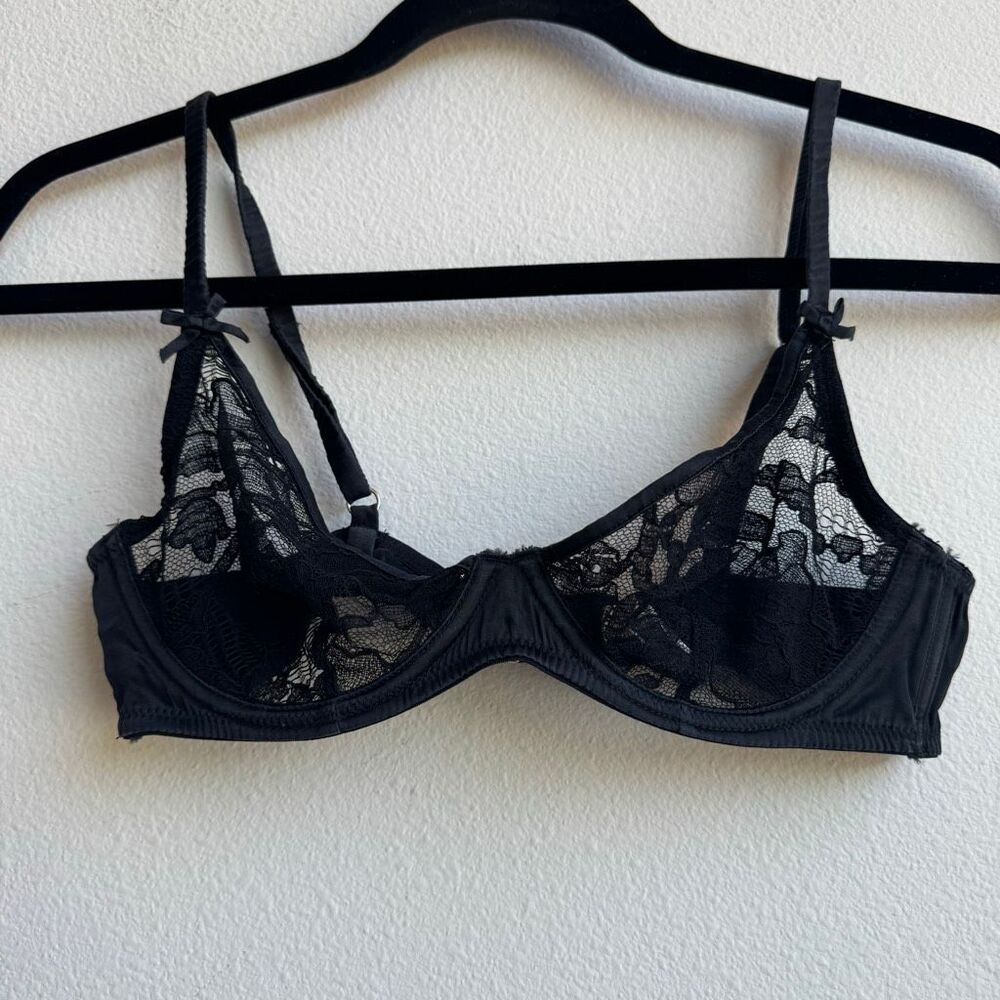 Fleur Du Mal Womens Silk Le Stretch Black Lace Unlined Demi Bra Size 34B
